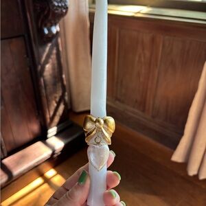 Anthropologie White Candle with Gold Bow and Pearl Heart Charm